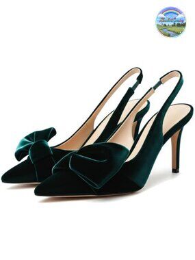 Women's Bow-Detail Slingback Pumps Pointed Toe Stiletto Heels Velvet